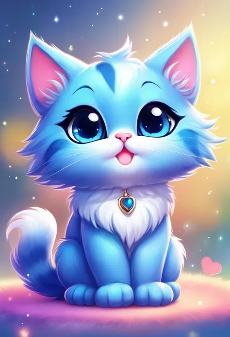 blue cat ,cute,chibi style,illustration,ultra-detailed,playful, vivid colors,soft shading,large sparkly eyes,fluffy fur,paws up,...