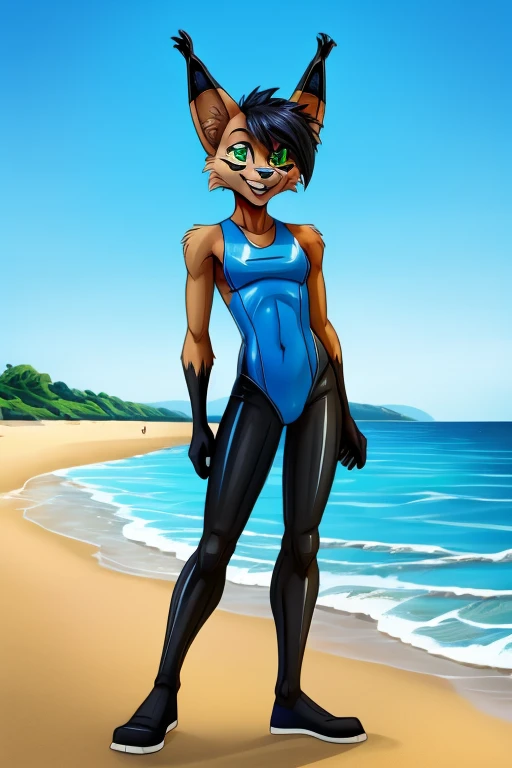 lynx cartoon full length skinny slim in blue lycra swimsuit on the beach with happy face green eyes black hair black tail