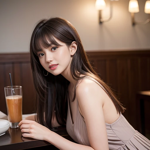 Gray matte pleated dress，,Side view，laughing out loud，knee shot, (There is a table with food on the chest)，(1 female), light brown hair, blunt bangs, hair behind ears, Shoulder length hair, long hair, Slender body shape, 超face slimming型, face slimming, del...