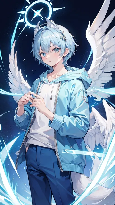 Young Man, Wolf Cut, Light blue hoodie, Light blue trousers, Angel Wings, Headdress, Full portrait