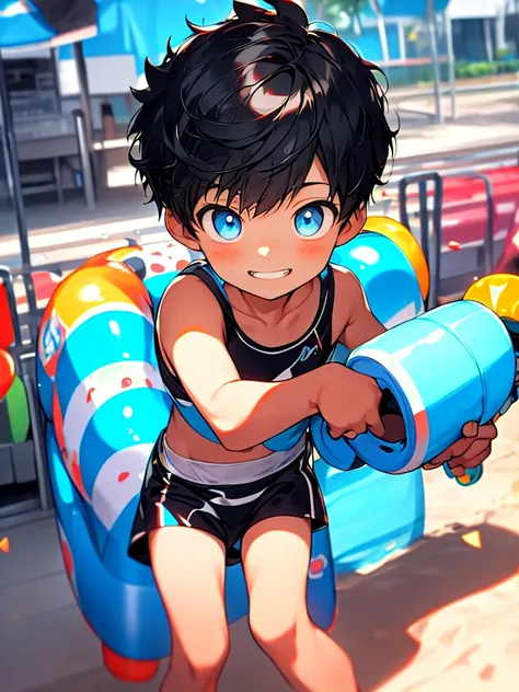 Shota，black color hair，toddlers，blue eyes， Q version， Cutes， to stand， Master masterpieces， high resolution，8k，detailedbackground，highly quality，Libido boy，solo，swimming trunks，sandbeach，Happy expression，water gun