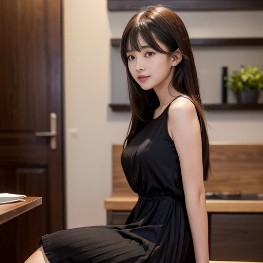 Black matte pleated dress，,Side view，laughing out loud，knee shot, (There is a table with food on the chest)，(1 female), light brown hair, blunt bangs, hair behind ears, Shoulder length hair, long hair, Slender body shape, 超face slimming型, face slimming, de...