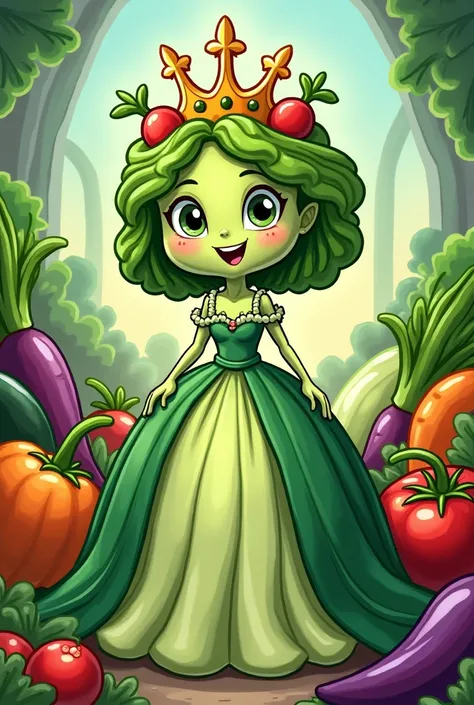 A **90s cartoon-style anthropomorphic cabbage**, portrayed as the **queen of salads**, wearing an elegant **royal gown** made of **leafy greens**. The cabbage character has a regal yet friendly expression, with a **crown made of various vegetables** like c...