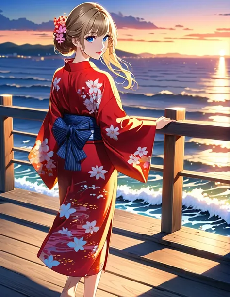 (masterpiece, best quality:1.2), illustration, anime, (wide shot), model shoot, long dark blonde hair, dark blue eyes, pretty lips, beautiful faces, beautiful eyes, Japanese traditional yukata, zori shoe, back lighting, standing on pier, (ocean, glittering...