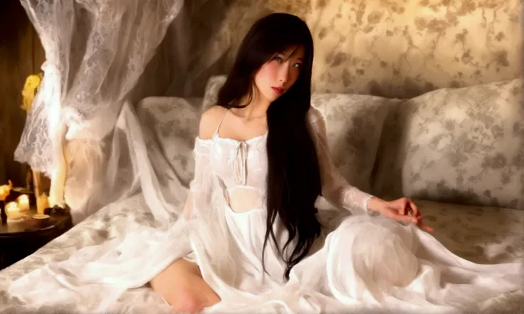 cute yuna as 'the ring' ghost, nude, soggy, pale skin, long stringy black hair, eyes hidden, amazing butt, emerging from static ...