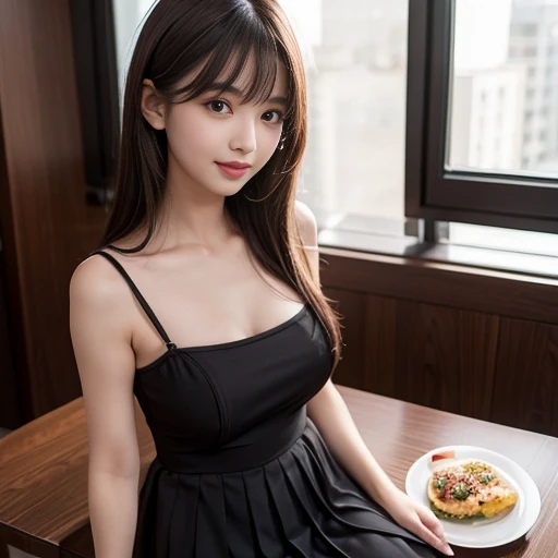 laughing out loud，Black matte pleated dress，knee shot, (There is a table with food on the chest)，(1 female), light brown hair, blunt bangs, hair behind ears, Shoulder length hair, long hair, Slender body shape, 超face slimming型, face slimming, delicate lips...