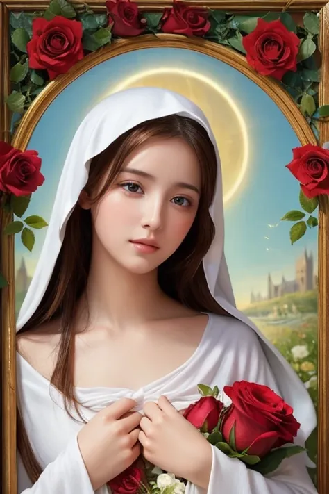 Best Quality　close range　Age 25　The Virgin Mary of Extraordinary Beauty　With Angels and Roses