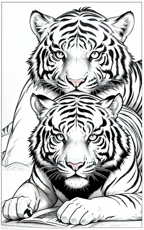 Beautiful Face、Beautiful body、Artistic movement、The majesty of a tiger、A rich expression、Everything is a coloring book、High resolution tiger coloring book、Realistic texture、Every detail is carefully drawn、Various poses