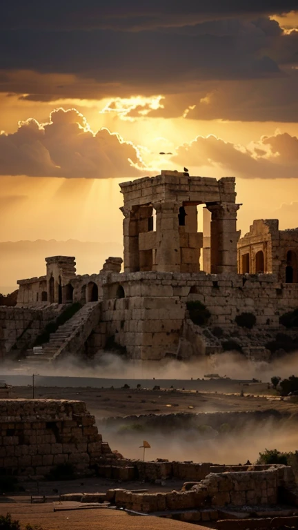 ancient ruins of Jerusalem, old stone architecture, detailed ancient city landscape, dramatic cloudy sky, warm golden hour lighting, detailed textures, intricate details, highly detailed, 4k, photorealistic, cinematic, dramatic, moody, epic scale, masterpi...