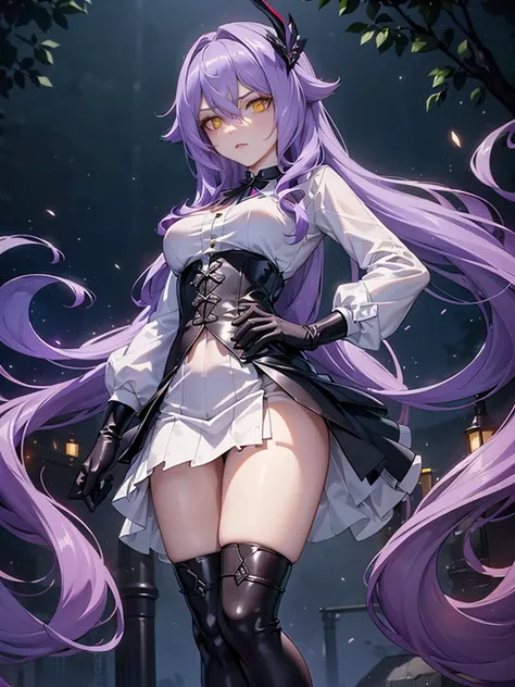 ((Masterpiece)),(( The best quality)), (detailed), expressive eyes, (Perfect face), 1 girl, (standing), (Sirin, Honkai Impact), (long purple hair), (yellow eyes, ojos detaileds), (sensual lips), (serious expression), (slim build), View from the front, carr...