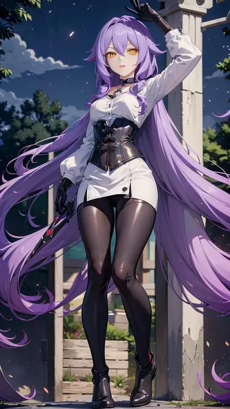 ((Masterpiece)),(( The best quality)), (detailed), expressive eyes, (Perfect face), 1 girl, (standing), (Sirin, Honkai Impact), (long purple hair), (yellow eyes, ojos detaileds), (sensual lips), (serious expression), (slim build), View from the front, carr...