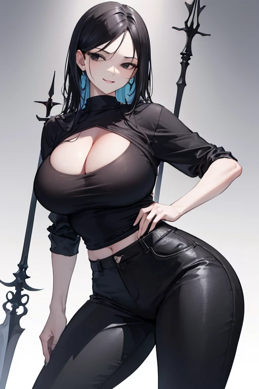 (photorealism:1.2), voluptuous woman, hip lengthy black hair, black eyes, black shirt and pants, large breasts, a scar between her breasts, cleavage exposed, smirking, holding a holy spear over her right shoulder, a presence of divinity