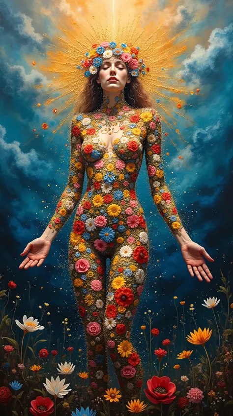 An abstract, full-body oil painting of Eve wearing floral clothes in an expressive style. Her body is covered in a vivid explosion of colors, including blue, yellow, red, white, pink, black, and green. Flowers adorn her entire form, creating a symmetrical ...