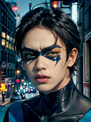 back alley, nightwing costume, handsome and cool beautiful boy, tall, sexy body, pained face,  on face, face stained with semen,...