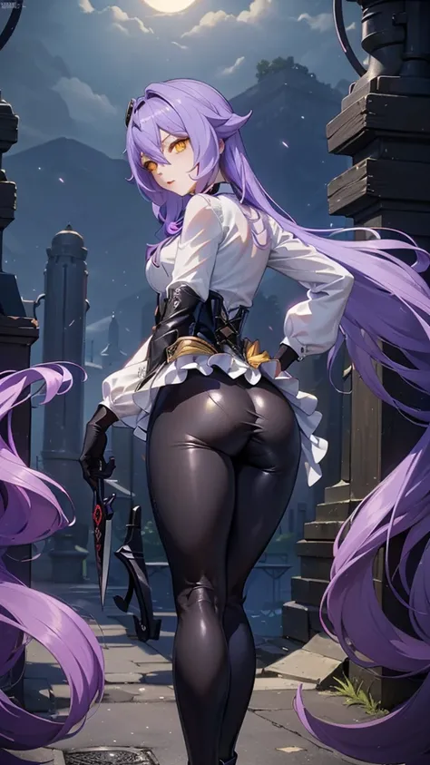 ((Masterpiece)),(( The best quality)), (detailed), expressive eyes, (Perfect face), 1 girl, (standing), (Sirin, Honkai Impact), (long purple hair), (yellow eyes, ojos detaileds), (sensual lips), (serious expression), (slim build), view from behind, perfect...