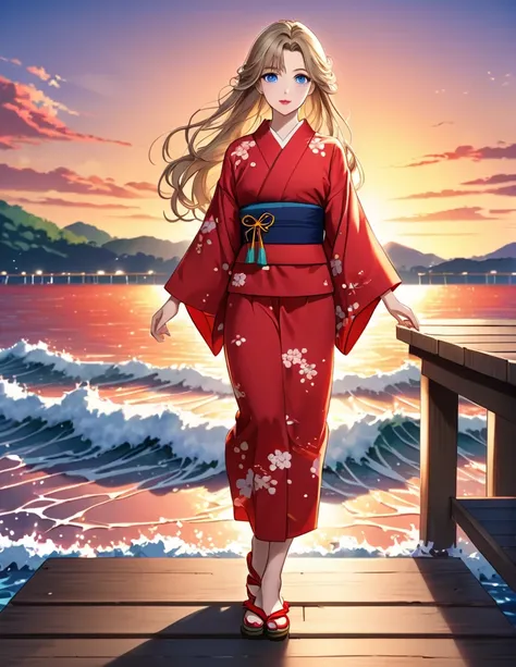 (masterpiece, best quality:1.2), illustration, anime, (wide shot), model shoot, knotted long dark blonde hair, dark blue eyes, pretty lips, beautiful faces, beautiful eyes, Japanese traditional red yukata, zori shoe, back lighting, standing on pier, (ocean...