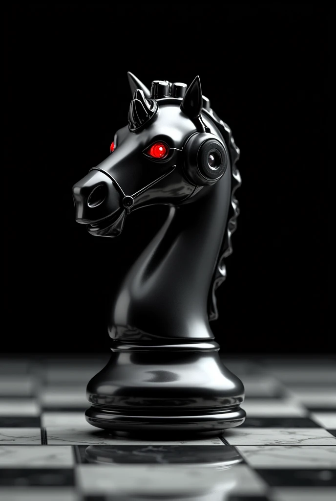 create a 3d shiny polished black chess horse with red eyes on a marble chess board, he uses a modern headset, black background