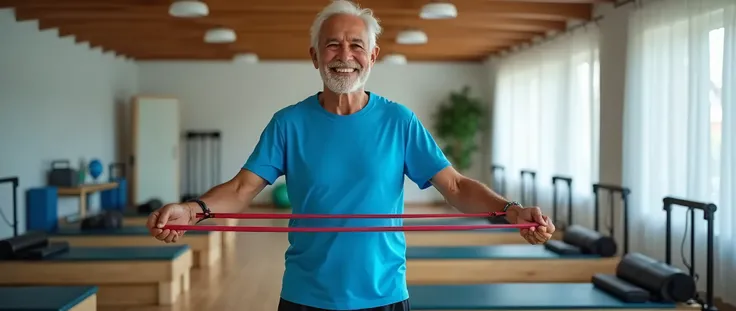 An elderly Brazilian man standing with a pilates band. She is wearing a blue shirt and black pants..

 He is happy and in a pilates clinic I want the photo in horizontal