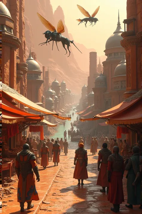 A city on Mars in its heyday. Merchants haggle with customers in an open-air market by the canal. Martian warriors ride strange beasts on the opposite bank. Insect-shaped flying machines pass overhead.