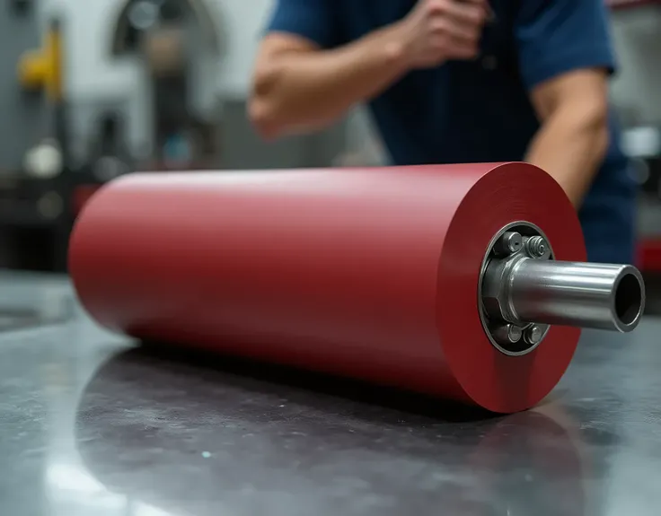 An industrial metal roller, with a layer of 2" thick matte deep red polyurethane rubber,Newly manufactured, the polyurethane layer and the metal layer are the same length,  The metal part of the roller is made of steel, with a modern and resistant look. Th...