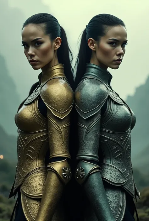 a woman in armor,another woman in armor,standing next to each other twins one woman with short hair another woman with long hair ponytail one woman wearing golden armor another woman wearing diamond armor highly detailed,surreal visual effects,inspired by ...