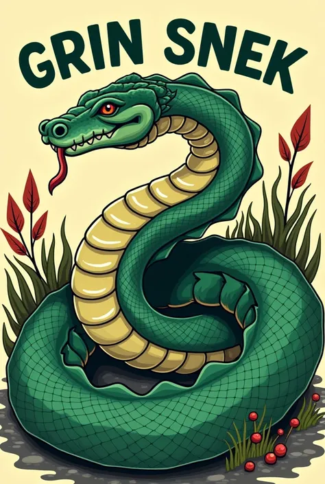 digital illustration of big green snake , swirly text "GRIN SNEK"