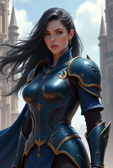 Woman with black hair, dark blue armor, breasts big, in the imperial city 