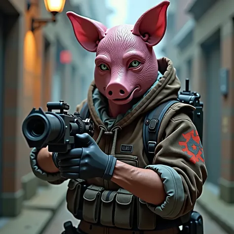 man with pig mask wearing the costume of the character Sova from the game Valorant, holding the Operator weapon from the game Valorant, looking at the camera 
