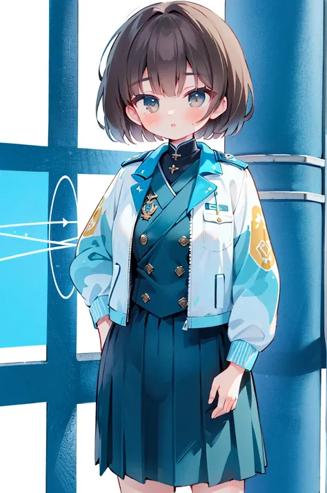 (Highest resolution clear_image), Best quality masterpiece, Very detailed, Semi-realistic, Brunette woman with shawl, Black pupil, Mature, Mature woman, Imperial sister, Sexy, Short hair, Three bangs, Light blue uniform, Light blue uniform jacket, Soldier,...