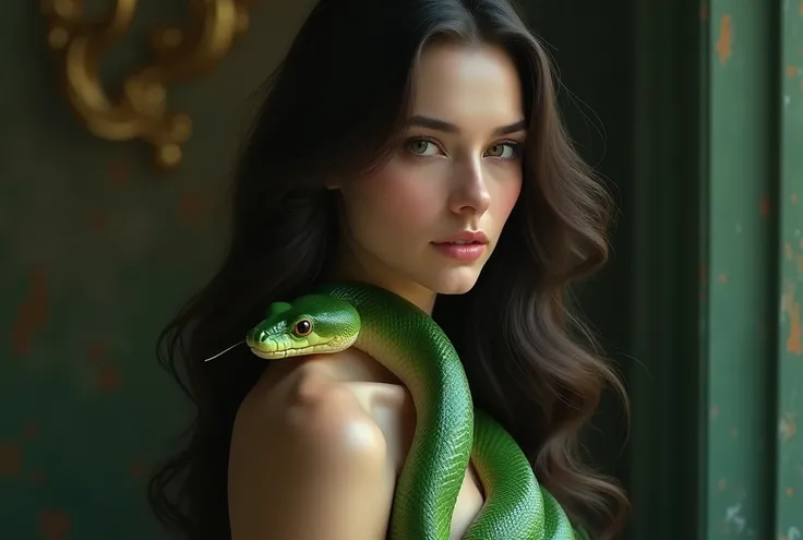 Beautiful woman with a green snake wrapped around her shoulders,Indoor scene,Exquisite detail,oil,Dramatic lighting,Rich colors,vivid,Cinematic,8k,Photorealistic,masterpiece,Very detailed,Award-winning digital art,
