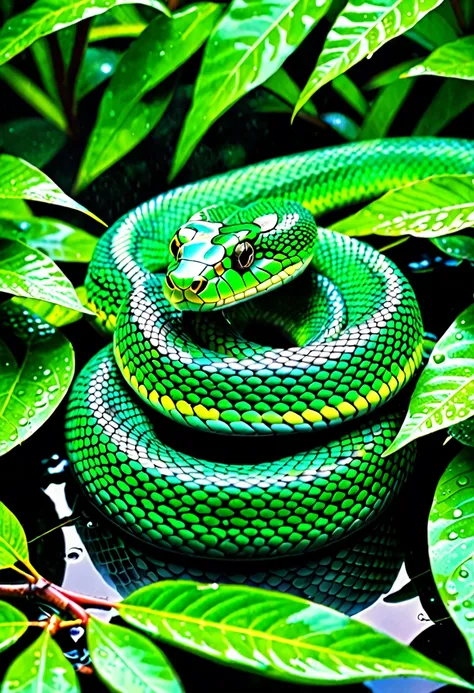 glossy iridescent green snake, fresh green leaves wet with dew, camouflage, 2.5d, digital graphic cg, artistic photography, hype...