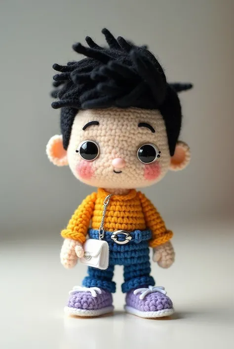 Amigurumi, chiby style , a boy, in a blue jeans with a silver belt, black hair styled in a high pompadour, holding a white clutch bag, and wearing lavender sneakers with white laces.