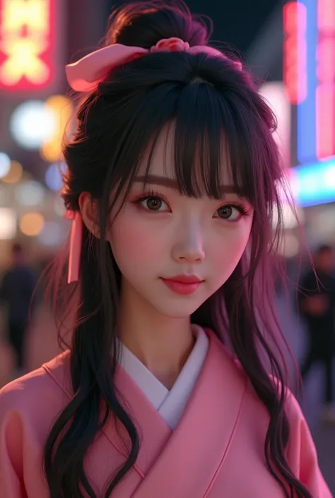 masterpiece(Realistic:1.5), Realistic eyes, Asian Woman, Best Quality, Beautiful lighting, Professional Lighting, Photon Mapping, Radio City, Physically Based Rendering,, Stove Nezuko, One girl, Black Hair, forehead, Hair ribbon Japanese clothes, kimono, L...