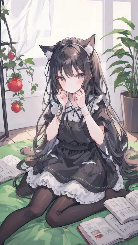  1girl, solo, long hair, black hair, dress, ribbon, holding, animal ears, jewelry, sitting, full body, short sleeves, pantyhose, indoors, cat ears, apron, bracelet, feet, book, black pantyhose, maid, maid headdress, toes, wariza, no shoes, soles, maid apro...