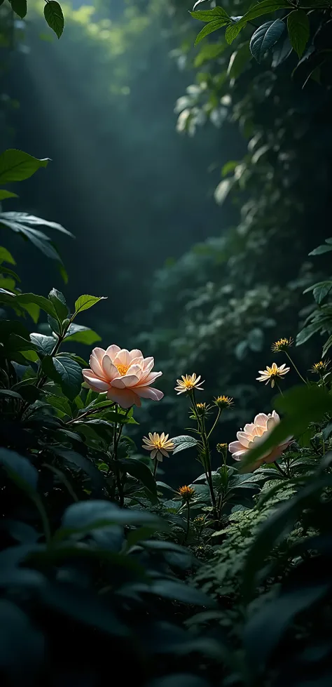 a dark moody nature scene, detailed flowers and leaves in the background, (best quality,8k,highres,masterpiece:1.2),ultra-detailed,realistic,photorealistic,photo-realistic:1.37,HDR,studio lighting,physically-based rendering,extreme detail description,vivid...