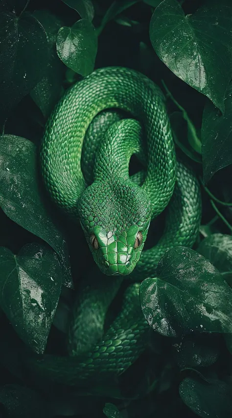 a green snake, detailed scales, coiled body, wildlife, nature, forest, photorealistic, 8k, high quality, beautiful colors, dynam...