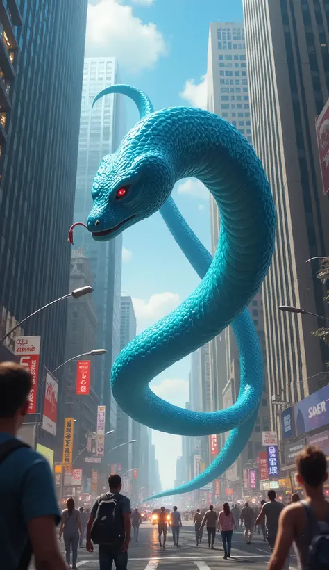 A blue snake appears in the city、Fleeing People々