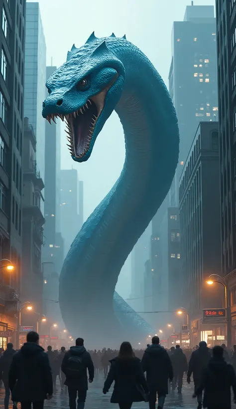 a large blue snake appearing in the city, terrified people running away, highly detailed, masterpiece, award winning digital art, cinematic lighting, dark fantasy, dramatic atmosphere, cinematic composition, hyper realistic, photorealistic, intricate detai...