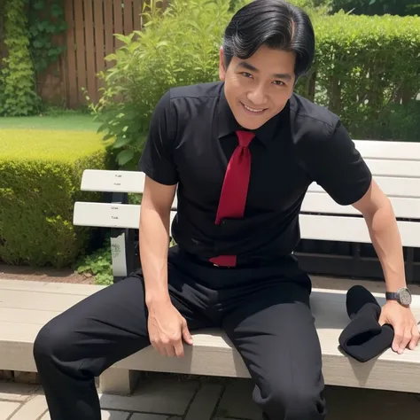 50 years old,One Man、father、Black Shirt、Red tie、Black slim pants、garden、lawn　bench ,Black Hair、Very short perm、Undercut、Asian Face　View from below　Upper body close-up　The crotch area of my trousers is swollen、smile　Black socks