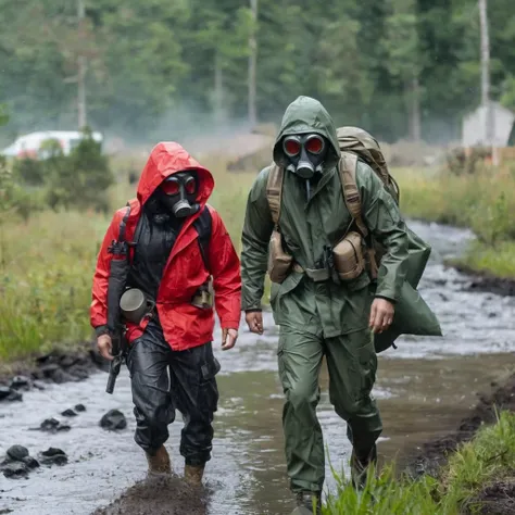 1985 action movie style,  soldier, still, gas mask with red goggles, rain jacket, cargo pants, hoodie over head