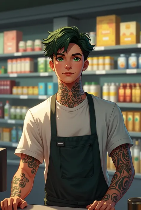 A handsome young 2 clerk in a self-service store. He has green eyes, tattoos on the neck 