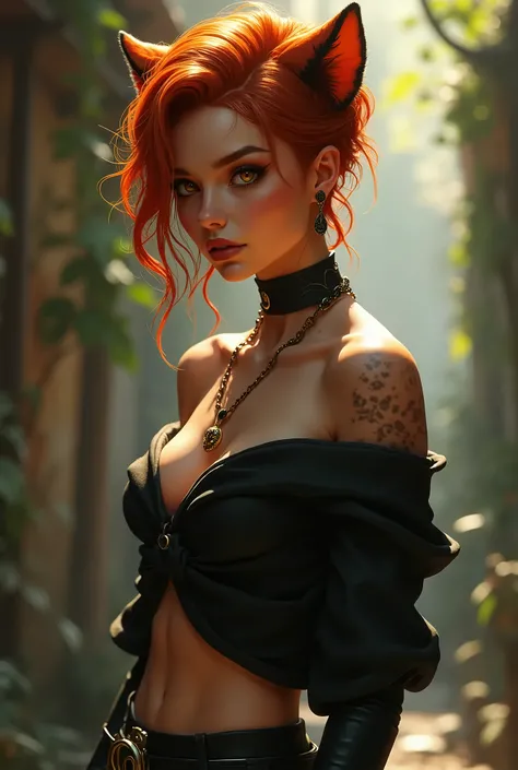 1 Female, Delightful Reddish Long Hair Like Spikes, Cleavage, Black shoulder V-shaped off-the-shoulder blouse, A Dragon Necklace, Yellow Eyes, (photorealism 1.2) very detailed realistic looks, soft smooth skin, sharp focus, black leather mini skirt paired ...