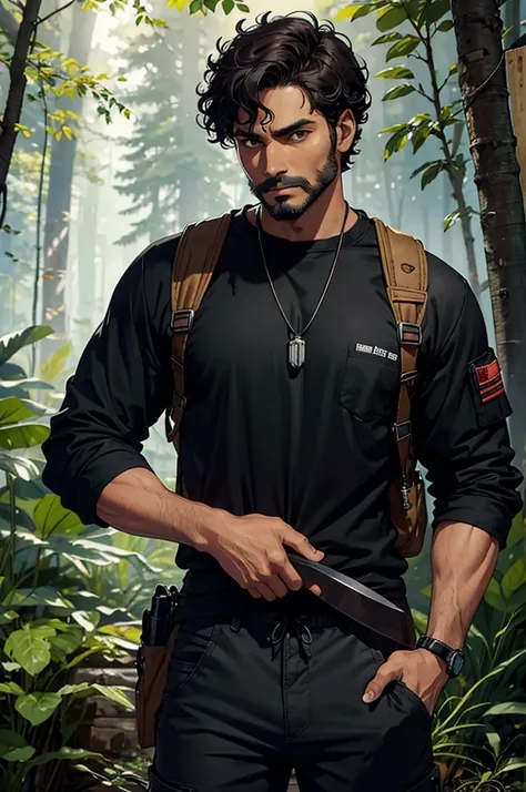 Male character approximately 30 years old, dark brown skin leaning towards black, descendant of Indians and Africans, with an athletic physical type, brown eyes, Curly Hair Cut/rolled up/short wavy in black color, short black beard, wears brown mechanic st...