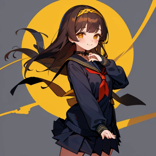 1 girl, Junior high school students, dark brown hair, Long Hair, Dark yellow eyes, Yellow Hairband, School Uniform, Sailor suit, Black cardigan, ((Long sleeve)), ((白色のSailor suit)), ((Navy blue collar)), (Red tie ribbon:1.2), (Navy blue pleated skirt), cut...