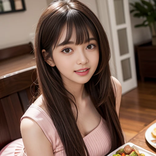 laughing out loud，Pink matte pleated dress，knee shot, (There is a table with food on the chest)，(1 female), light brown hair, blunt bangs, hair behind ears, Shoulder length hair, long hair, Slender body shape, 超face slimming型, face slimming, delicate lips,...