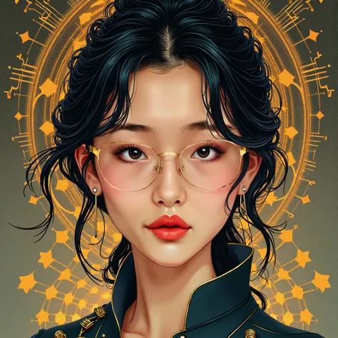 Song album cover image. Background is a Combination of musical notes with circuit board designs, illustrating the blend of traditional music elements with modern AI technology. Overlay with image of Chinese female singer wearing gold rimmed glasses. Profes...