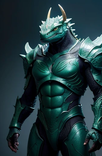 fking_scifi anthropomorphic Komodo Dragon King. Show the whole body. The skin color is blue-green. The presence of horns on the head. Armor with intricate details. Rich in scale texture. Professional studio shots. Ultra-realistic, intricate details