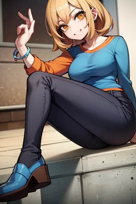 A chick in a blue and black jacket, orange t-shirt, by black, semi-green grey pants, blue shoes with white, con una cara feliz y confiada