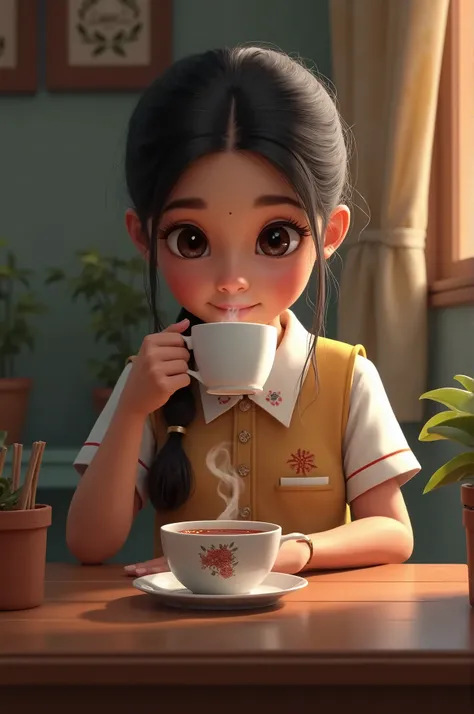 1 indian girl wearing indian school dress drinking Cup of tea realistic 9:16 ratio 