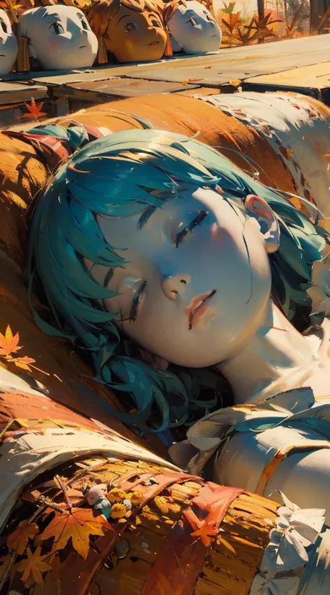 dark horror style, Heartful Love Style,(Art Autumn :1.4), female artist, 
Tired, lying down, sleeping, restful sleep, happy sleeping face,
huge haniwa (clay figurine),Atelier,
Artistic, memorable masterpieces, moments in history,Cowboy shot
Rubric Maxim, L...